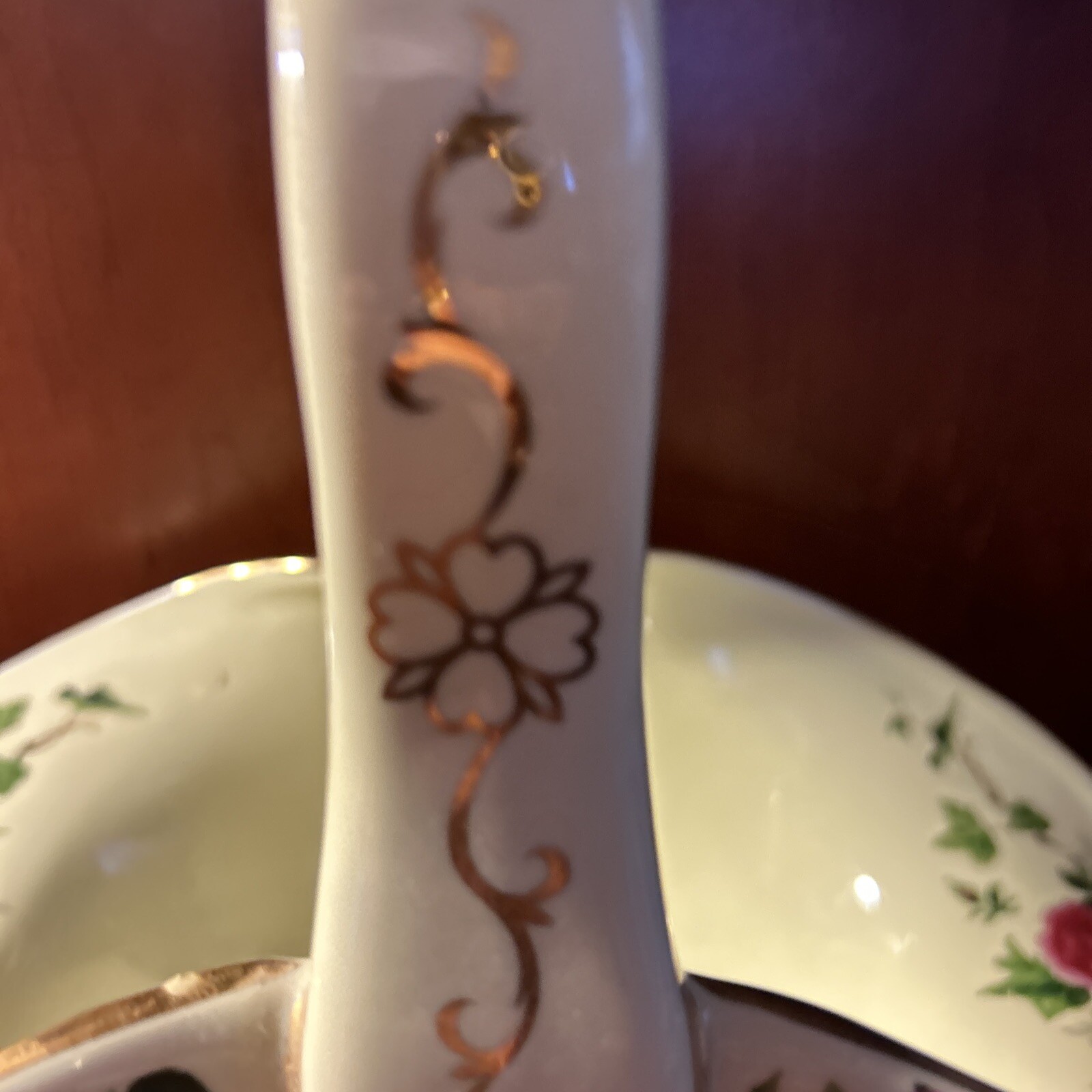 Beautiful Floral Pink Rose And Gold Trimmed Porcelain Basket 11” X 11”