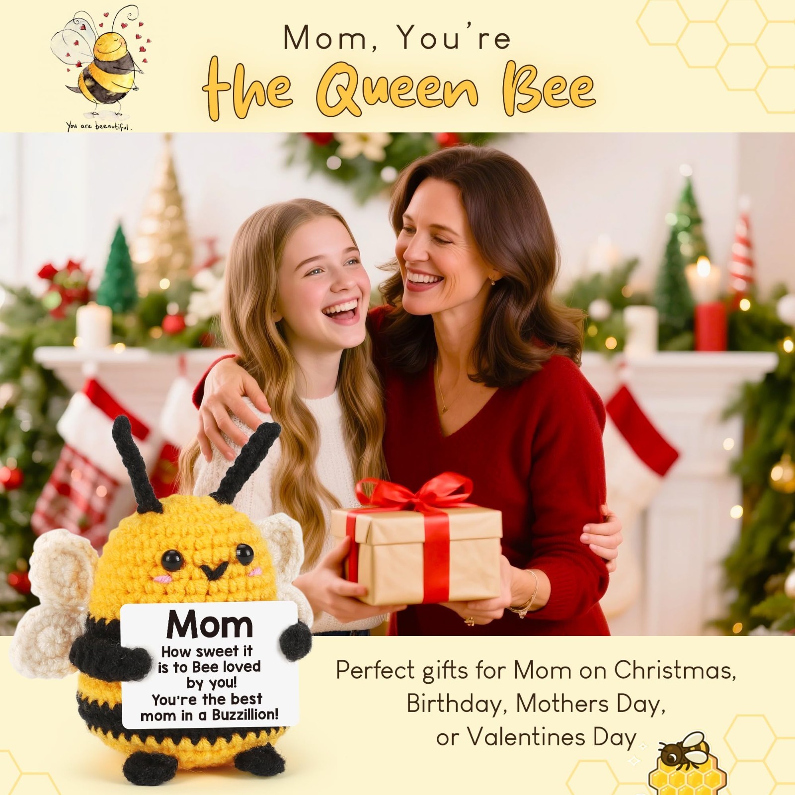 Unique Gifts for Mom – Crochet Bee Positive, Birthday Gift for Women, Handmade P