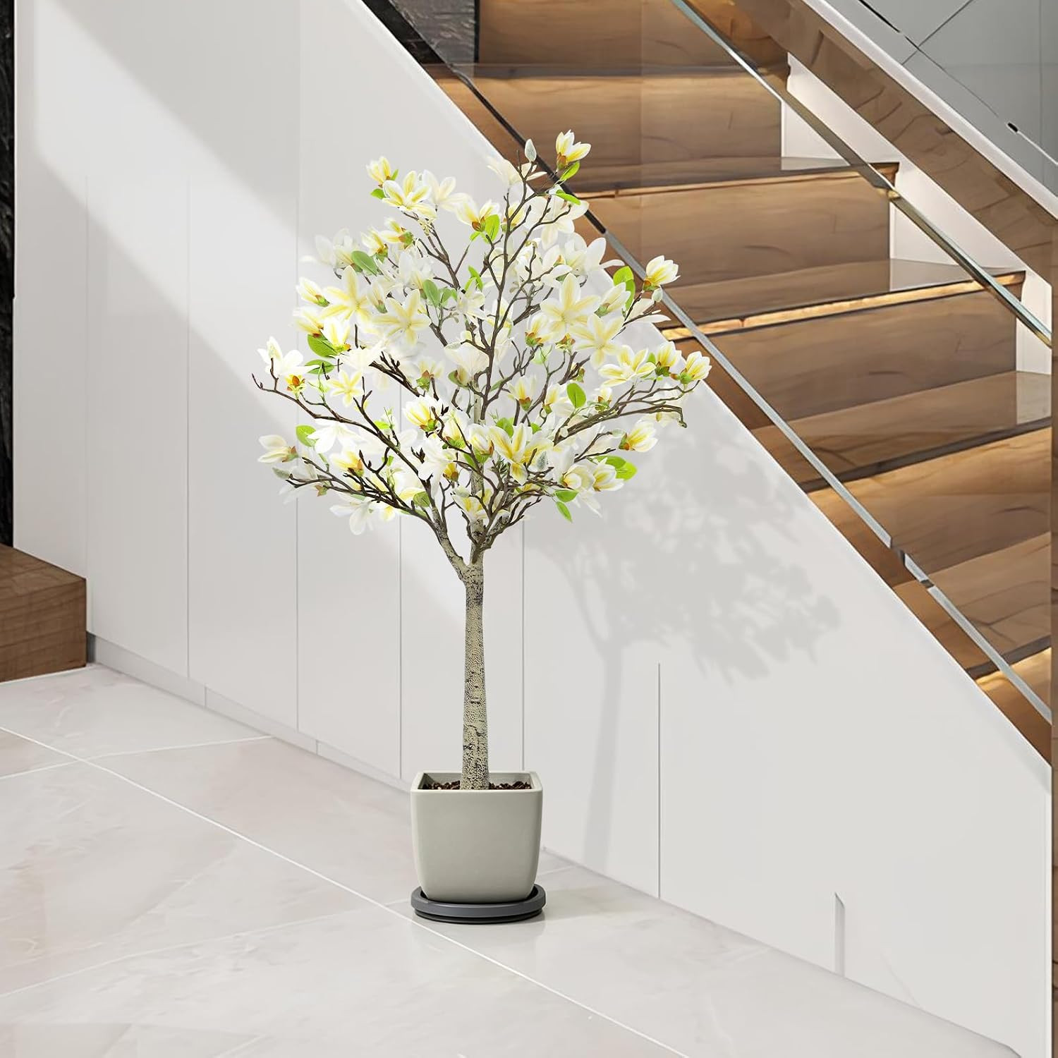 Faux Magnolia Tree 47.2″ with White Blooms, Indoor/Outdoor Farmhouse Decor