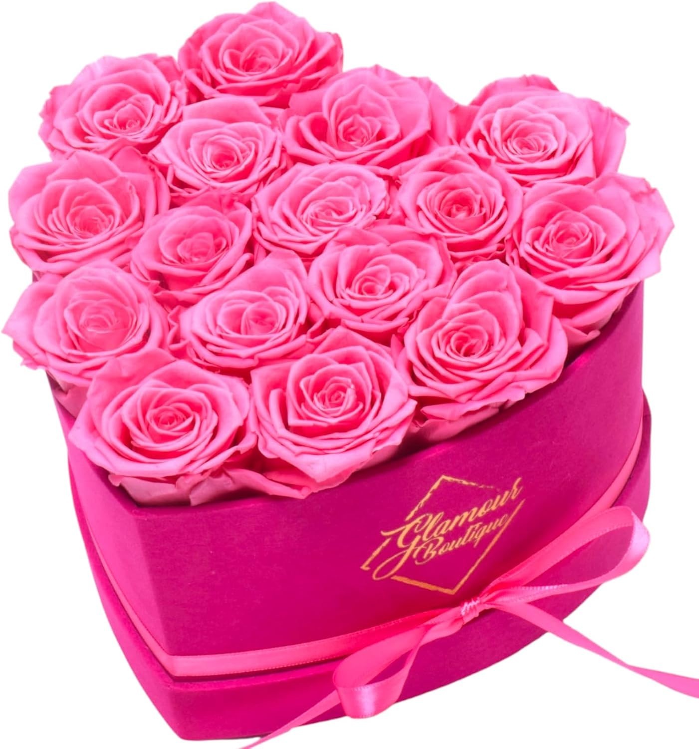 16 Eternal Preserved Roses in Velvet Pink Heart Box – Perfect Mother’s Day Gift