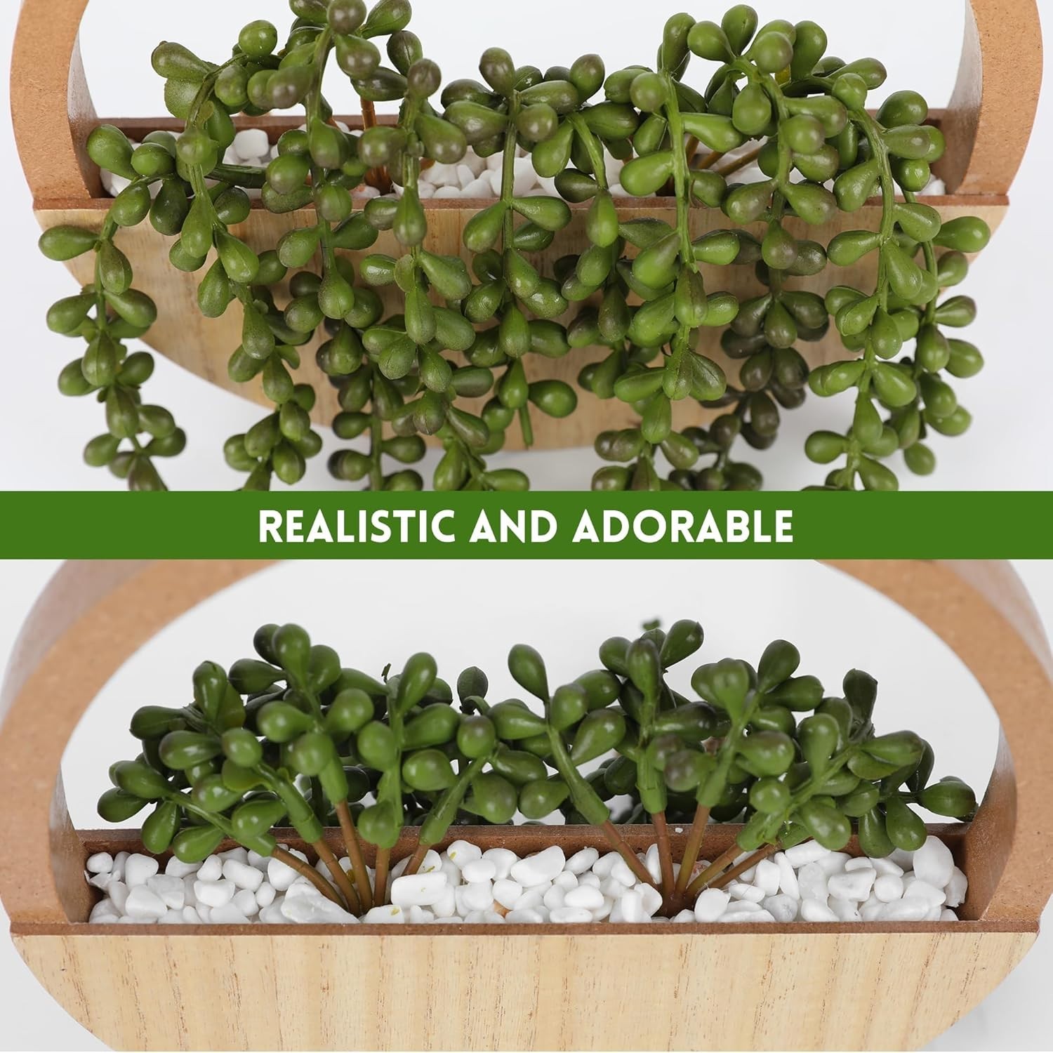 Low-Maintenance Fake Plants – 12.2” Hanging String of Pearls in Wooden Planters