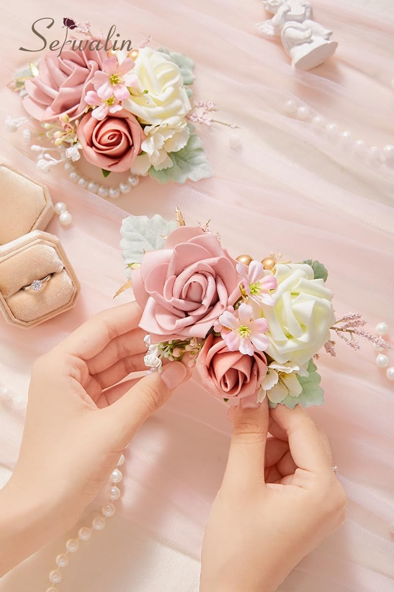 2 PCS Dusty Pink Wrist Corsage and Boutonniere Set Wedding Prom Ceremony