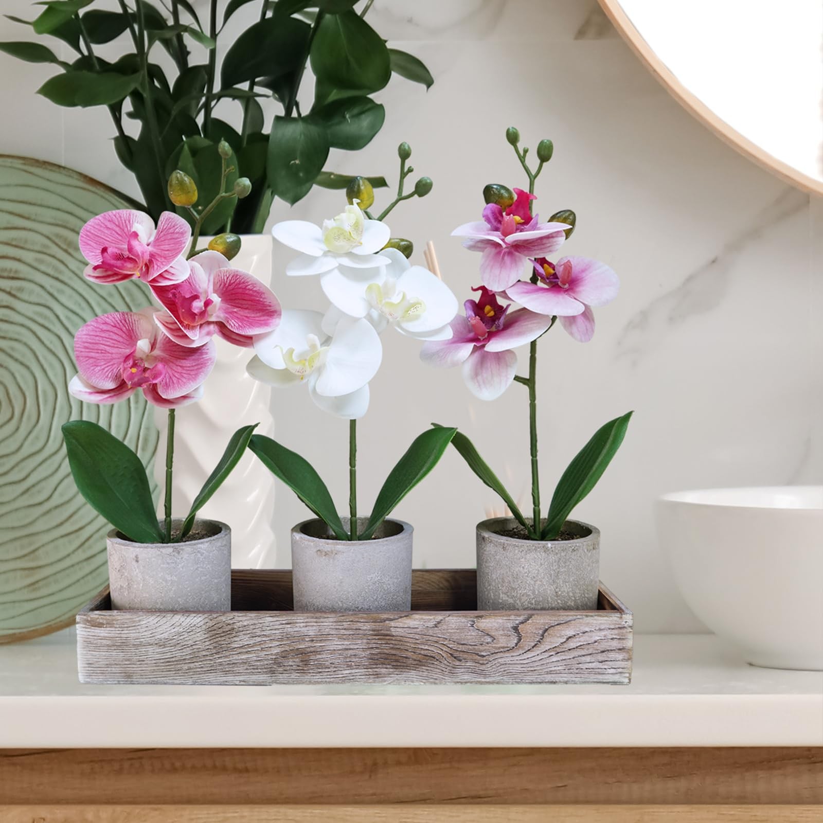Set of 3 Small Artificial Orchid Potted Plants Arrangement with Rustic Wood P…