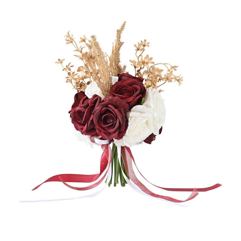 Silk Wedding Bridal Bouquet Artificial Handheld Roses with Bow Decoration