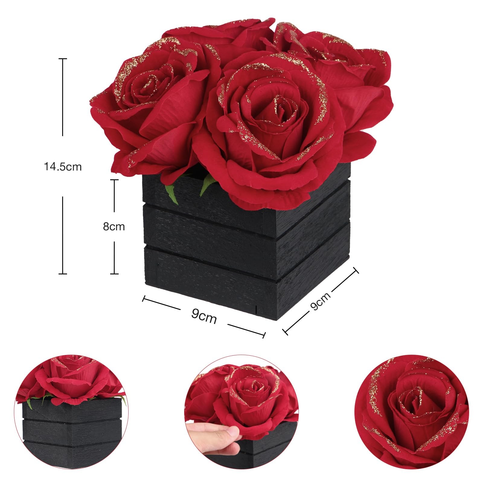 CVHOMEDECO. Artificial Red Roses with Wooden Vase Silk Red Glitter Rose in Bl…