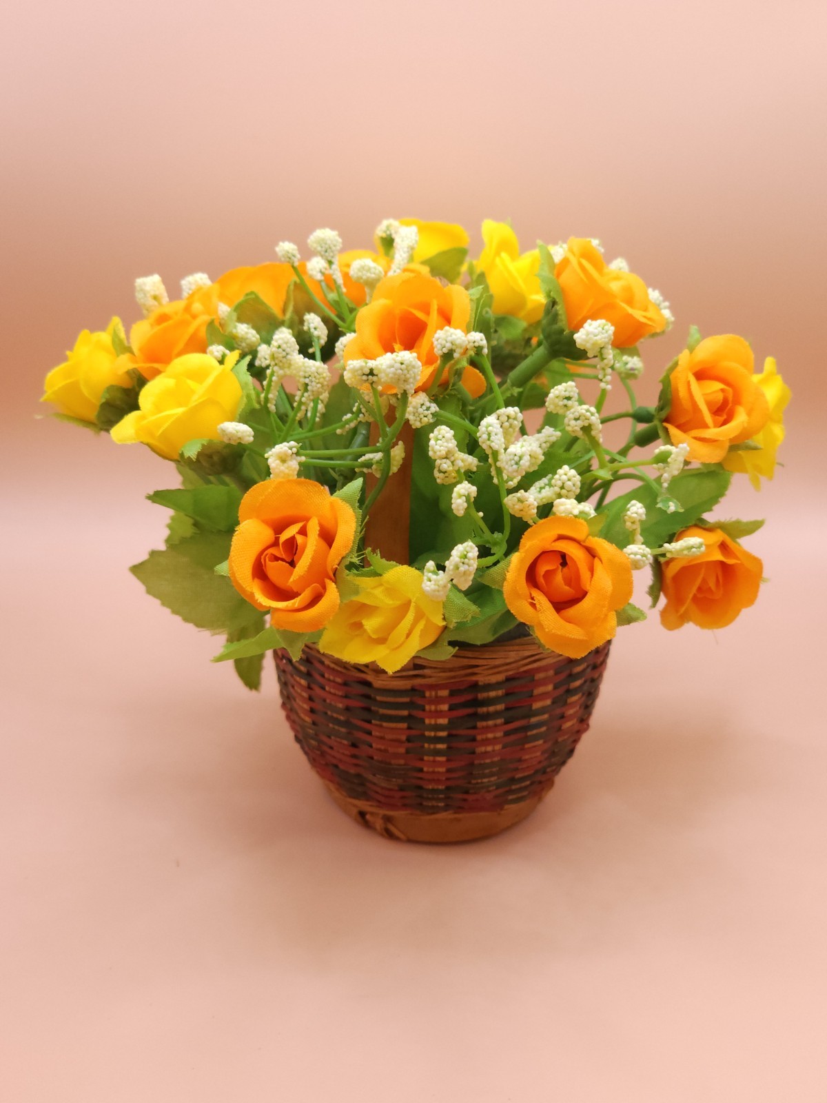 Sunny Yellow & Orange Rose Faux Floral Arrangement in Wood Woven Basket