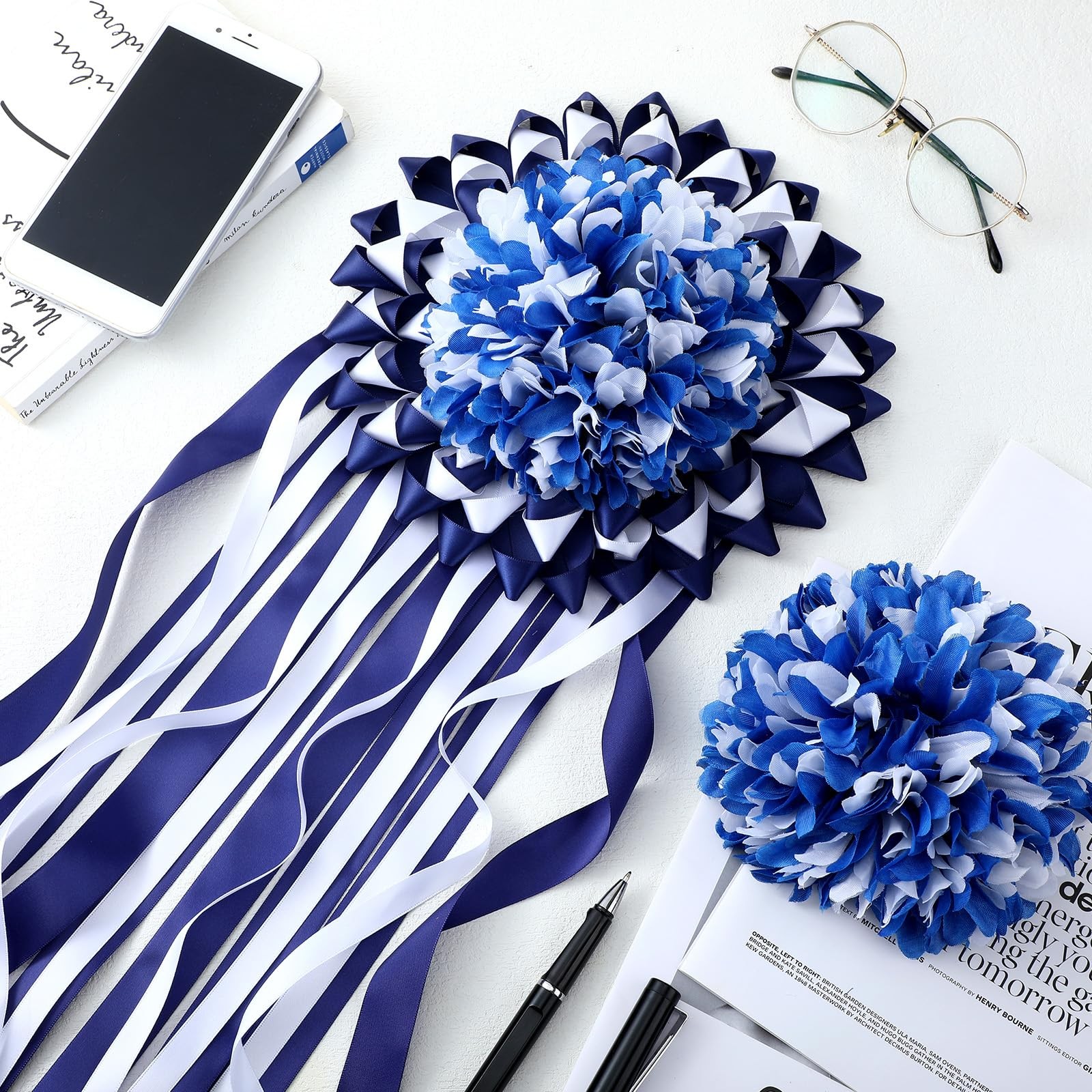 3 PCS Blue White Homecoming Mum Flowers 6.5 Inch Silk 21 Layers Supplies