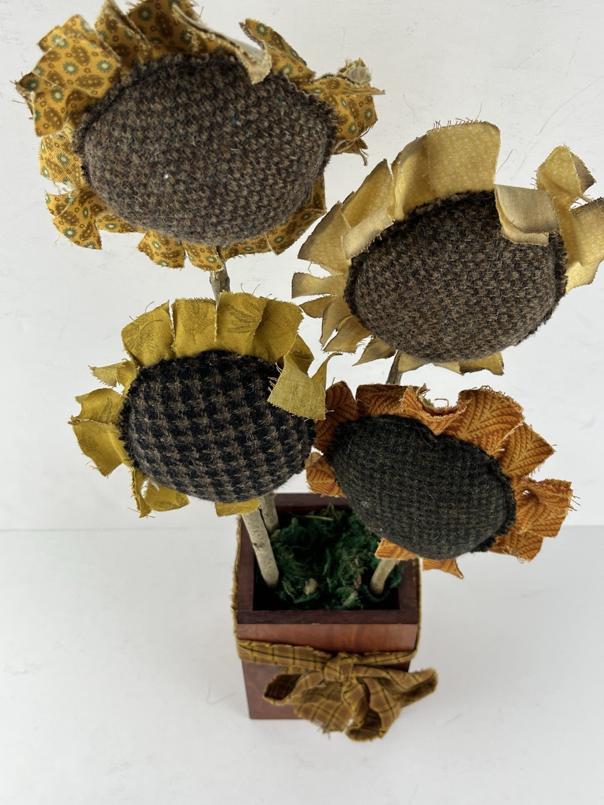 Primitive Fabric Sunflowers Wood Box Folk Art Farmhouse Rustic Cottagecore