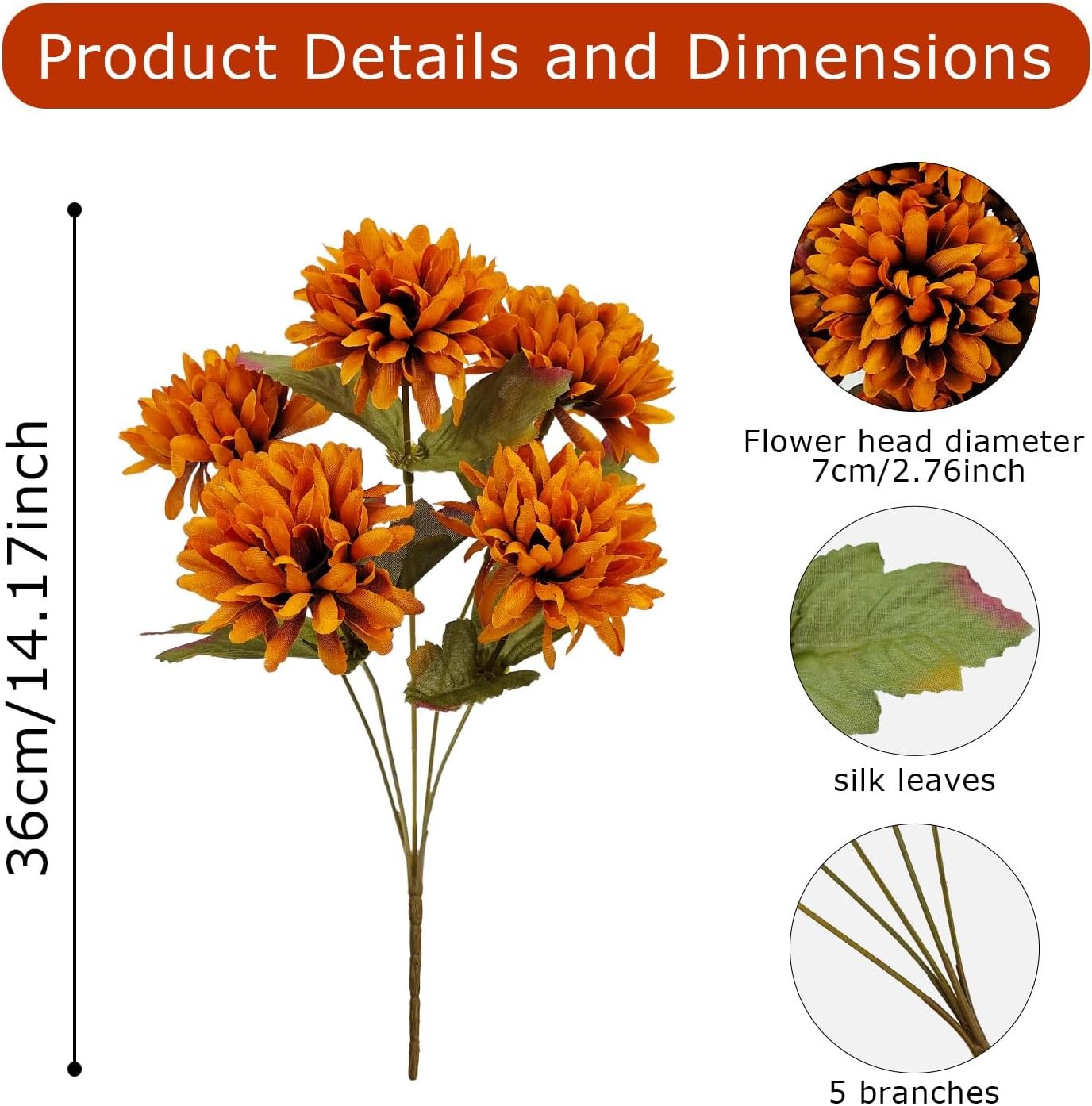 Fake Mums Flowers, 5 Pack 25 Heads Artificial Chrysanthemums Silk Fall Flower fo