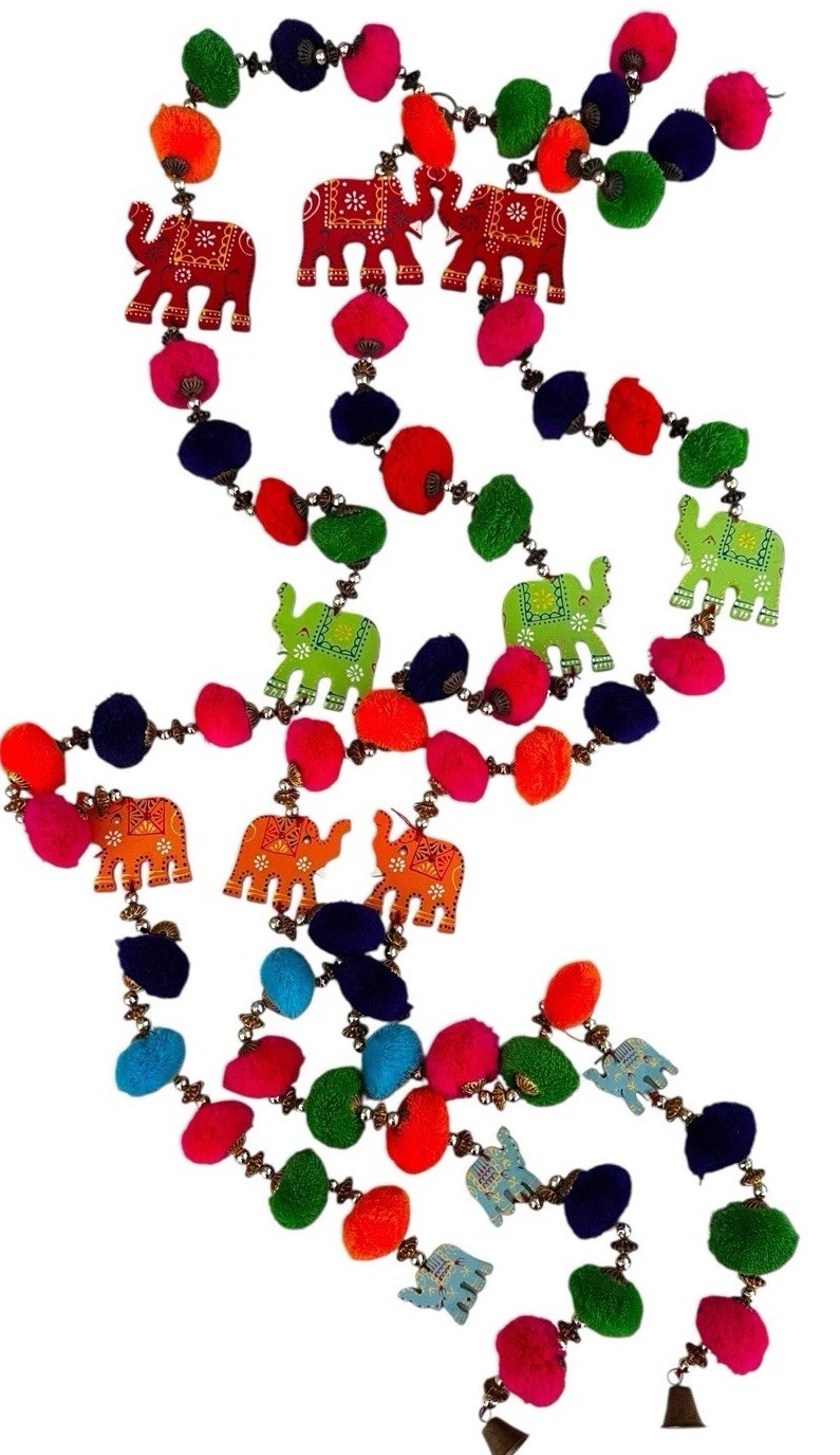 Elephant Garlands Pom Poms Wood Set of 3 Boho Indian Festival Diwali