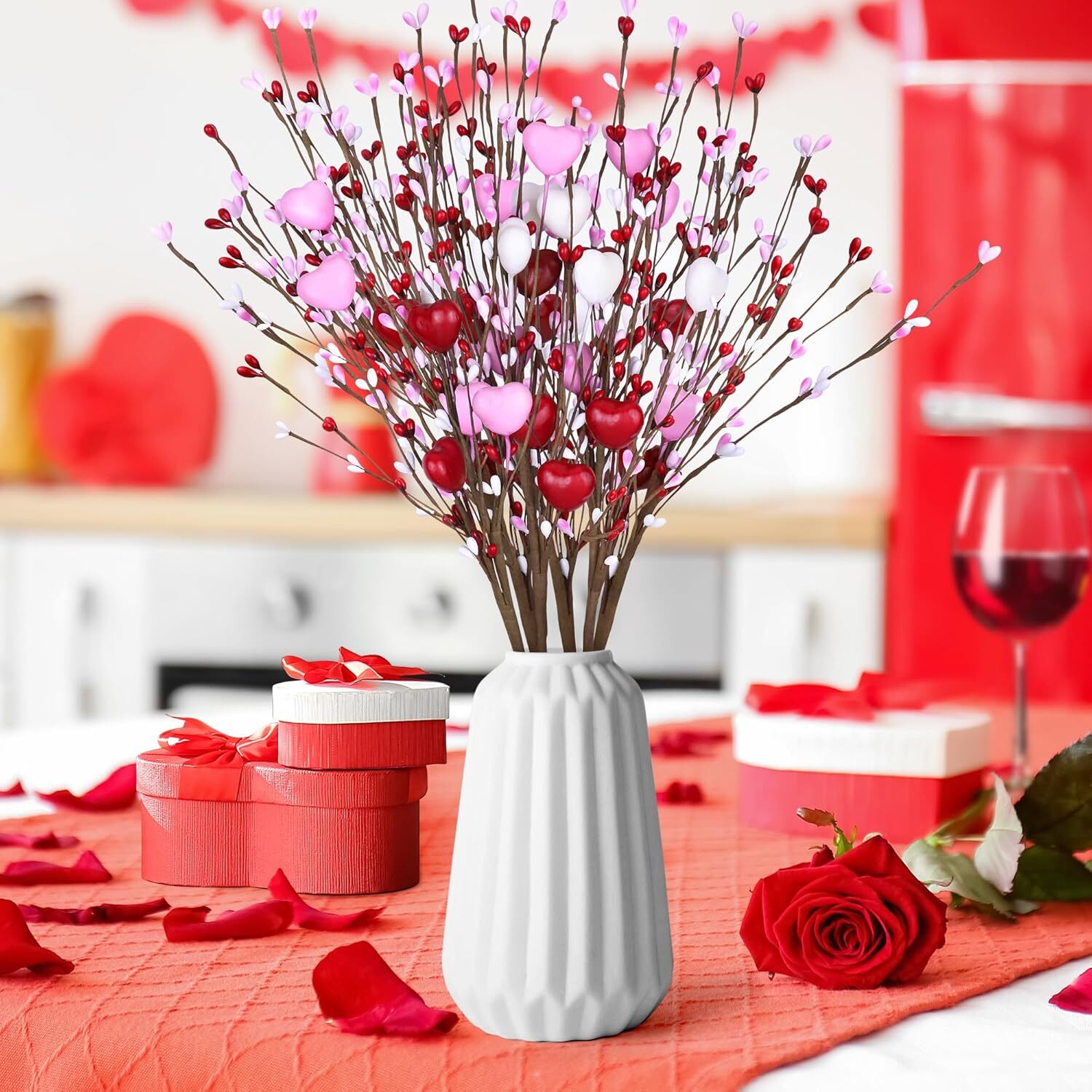 Valentines Day Decorations Artificial Hearts Flowers Berry Stems Gifts, 6 Packs
