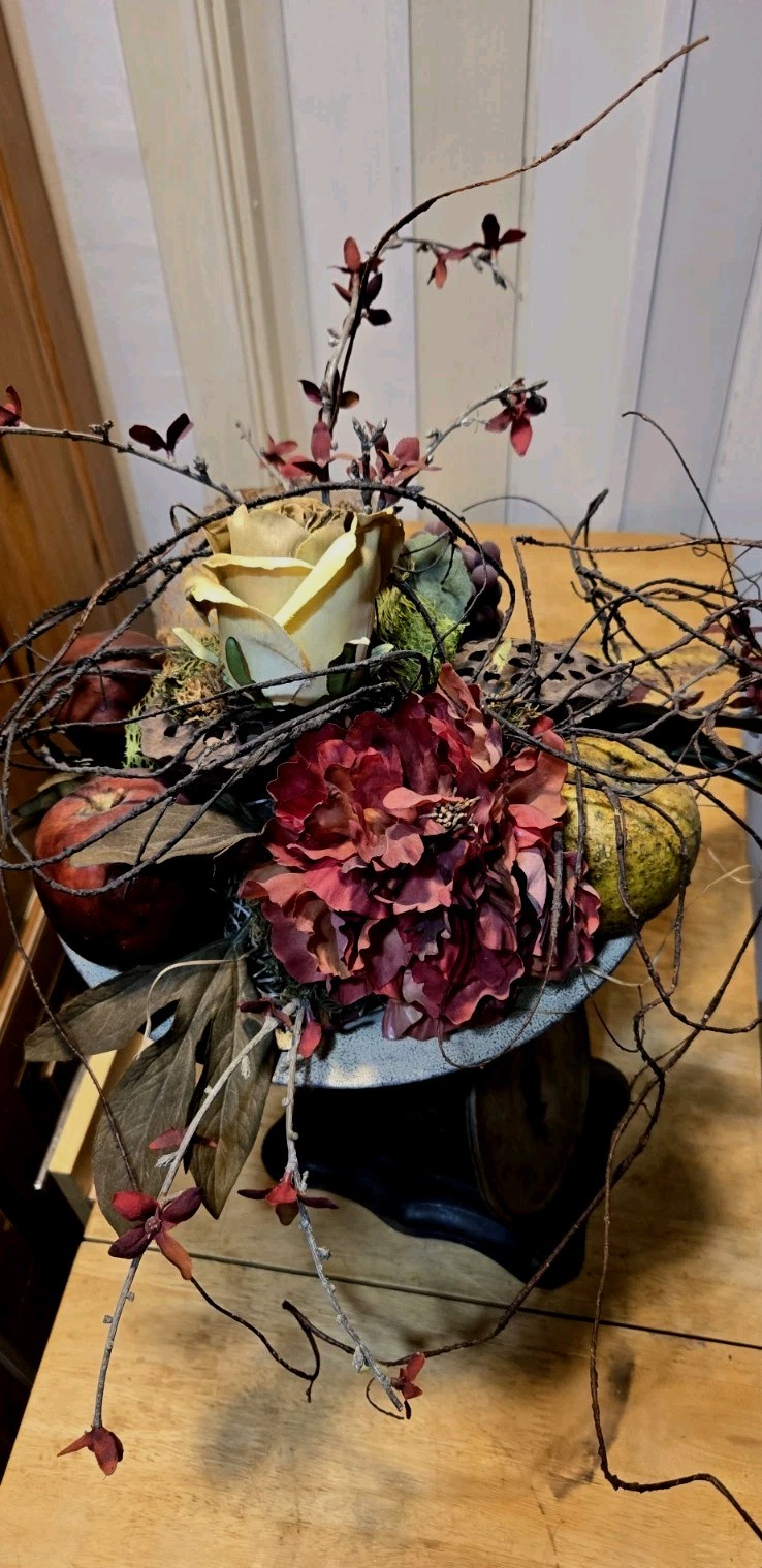 Arrangement of Dried Fruits & Flowers Centerpiece Metal Compote 14WX14WX13″Tall