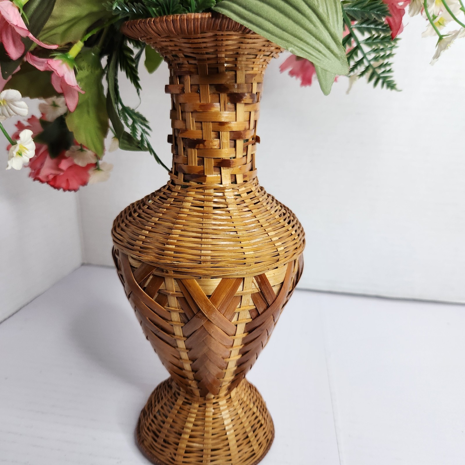 Vintage Woven Rattan Bamboo Vase w Faux Floral Arrangement Boho Cottage Decor