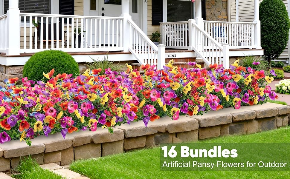 16 Bundles Artificial Pansy Flowers for Outdoors, Mixed Colors | Faux silk
