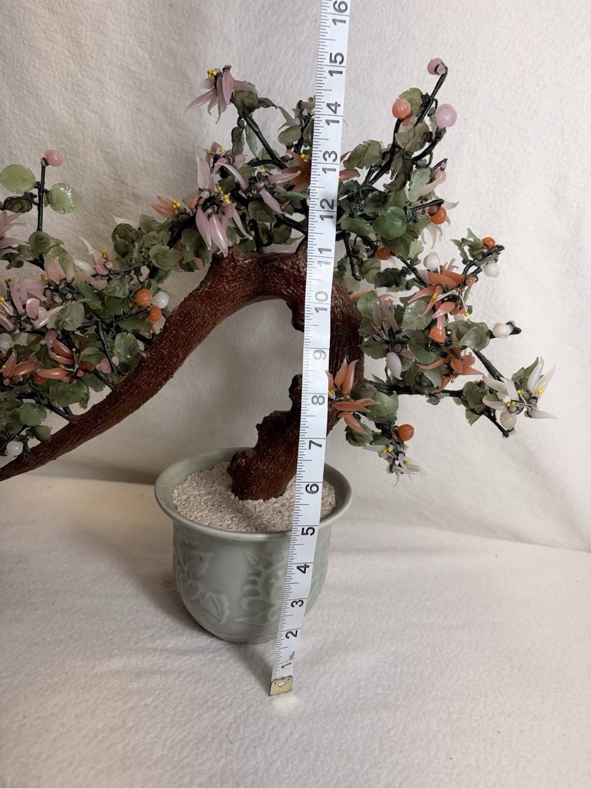 Large Vintage Jade Bonsai Flower Tree in Ceramic Pot Green Pink Faux Plant