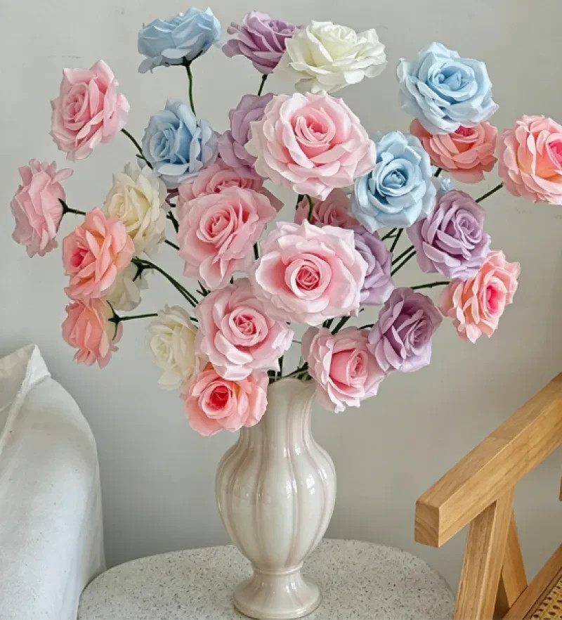 6Pcs Silk Artificial Roses Faux Flowers Pink Blue Purple for Wedding Home Decor