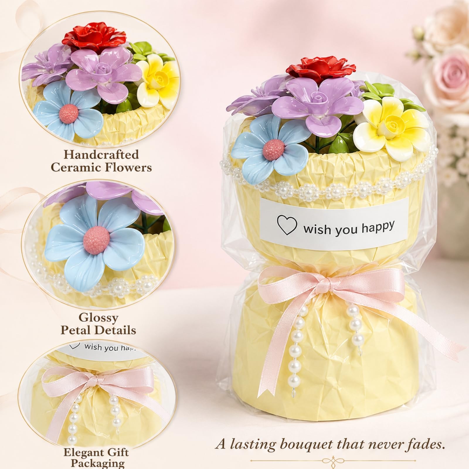 Porcelain Flower Bouquet – Handmade Ceramic Flowers Floral Arrangement, 6 Uni…