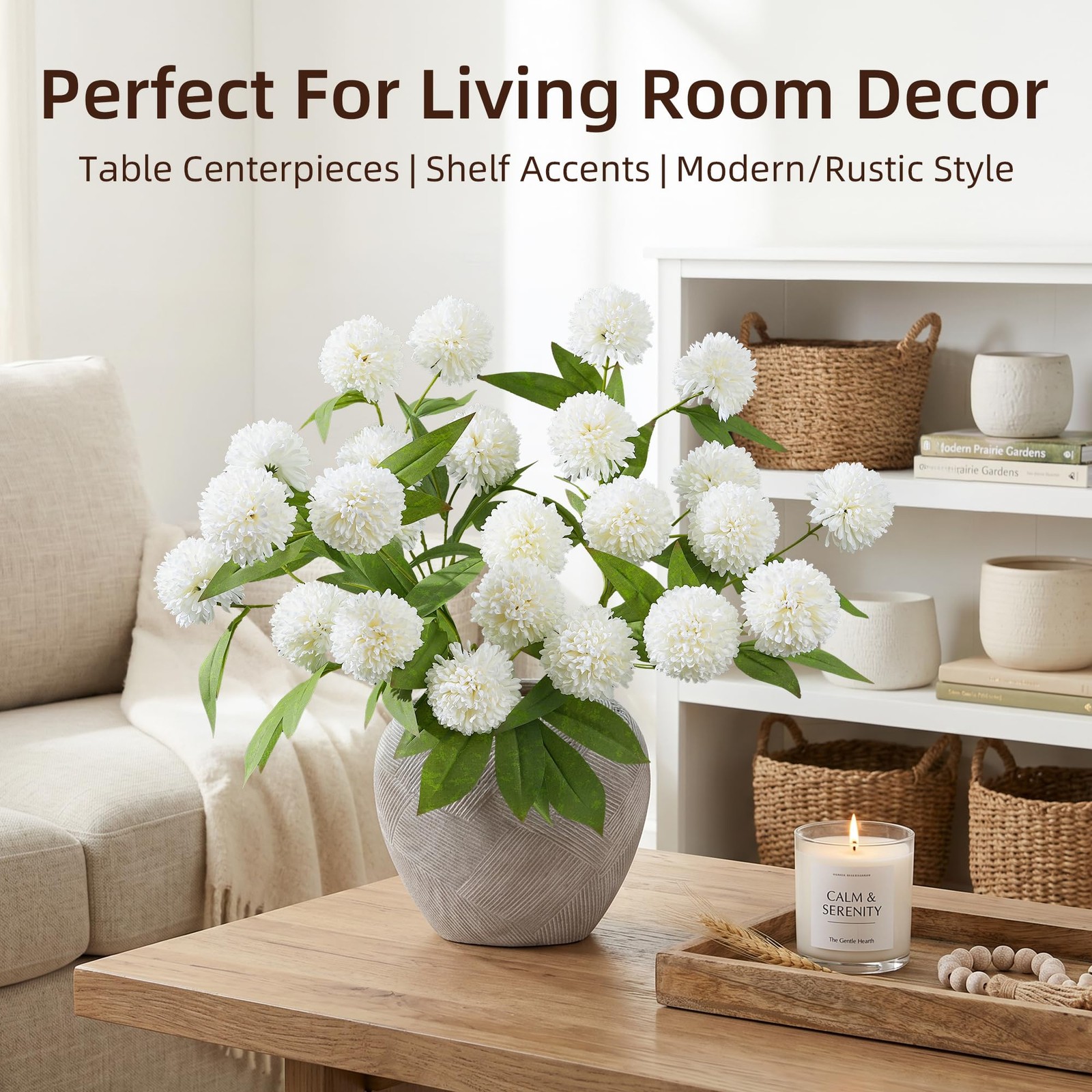 6 PCS 27 Inch Faux Silk Artificial Pompon Mum Flowers Branches Cream White