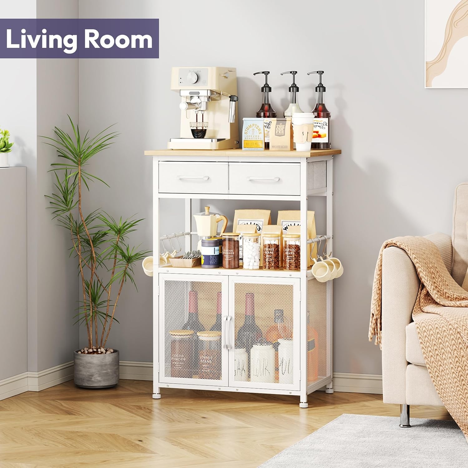 Coffee Bar Cabinet with Drawer 20.47in Stand Removable Hooks