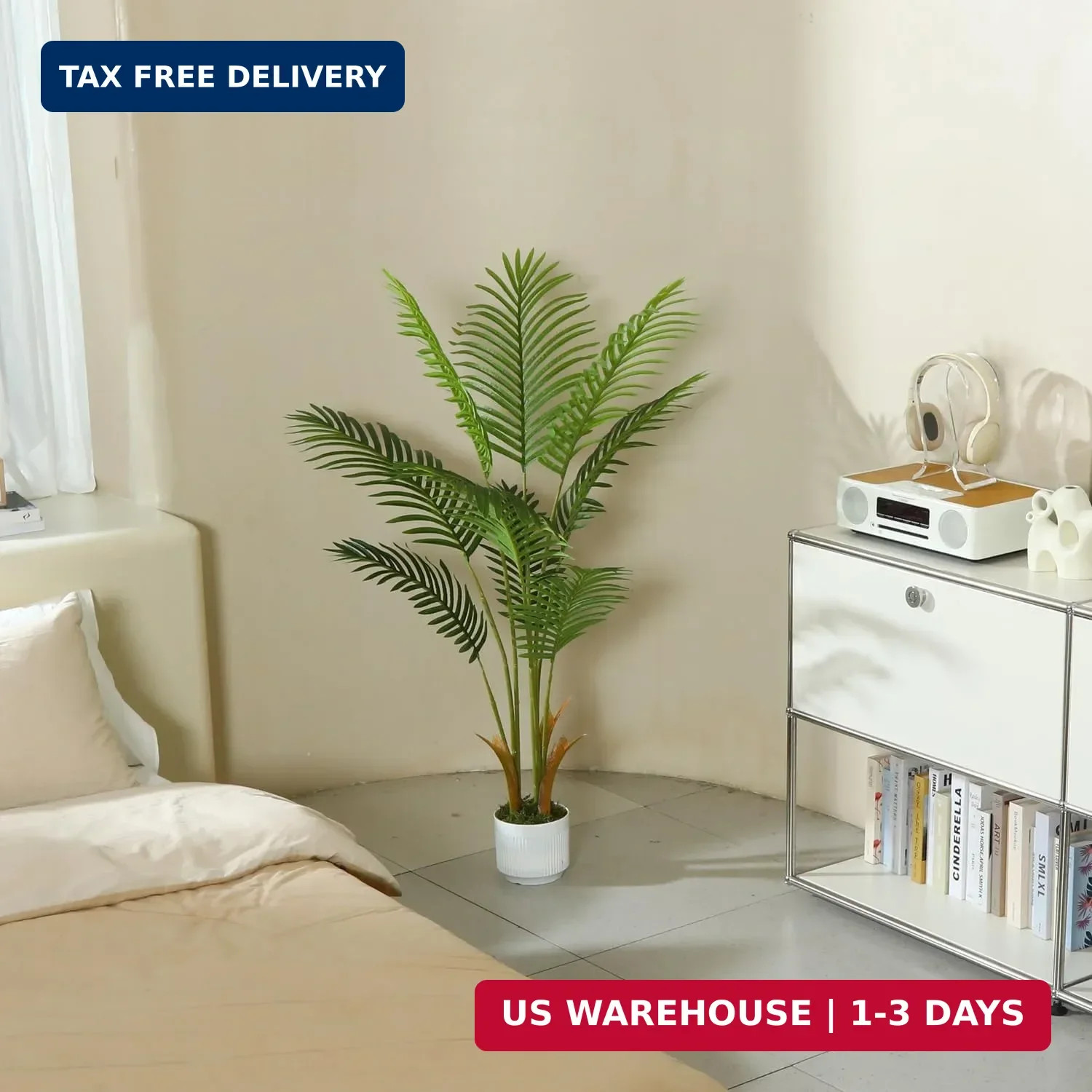 4FT Artificial Palm Tree Indoor with White Pot, Realistic Leaves, 9 Trunks Adjus