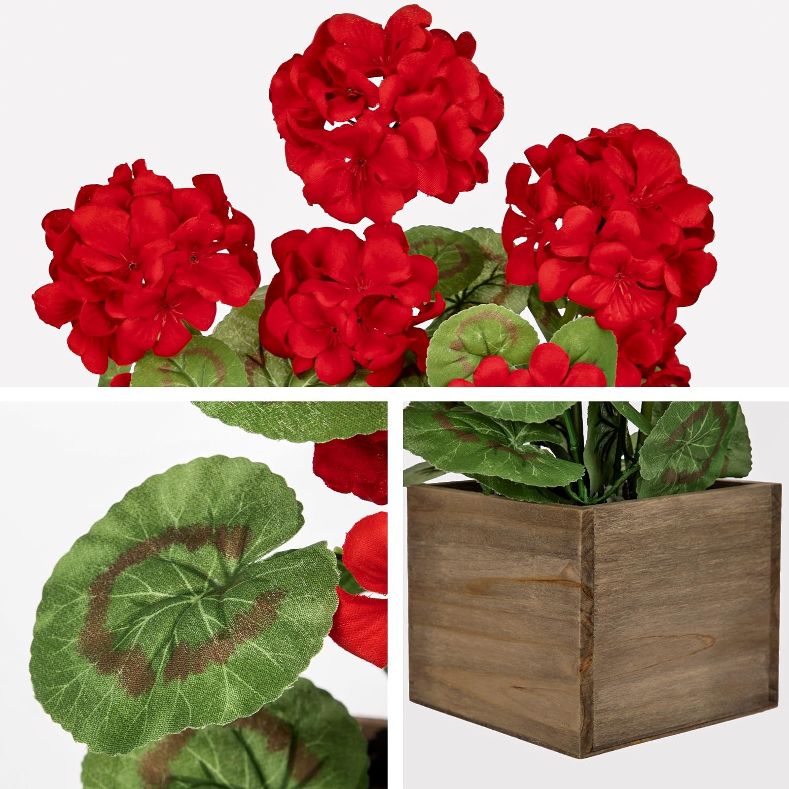 Artificial Geraniums Flowers in Square Wooden , Faux Red Silk Geranium Potted…