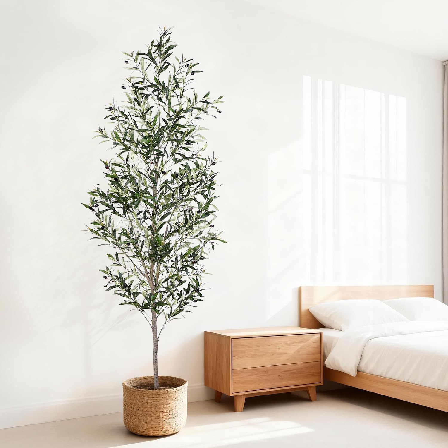 Olive Tree, 7FT Artificial Indoor Tall Faux Olive Trees w/Planter & Natural Wood