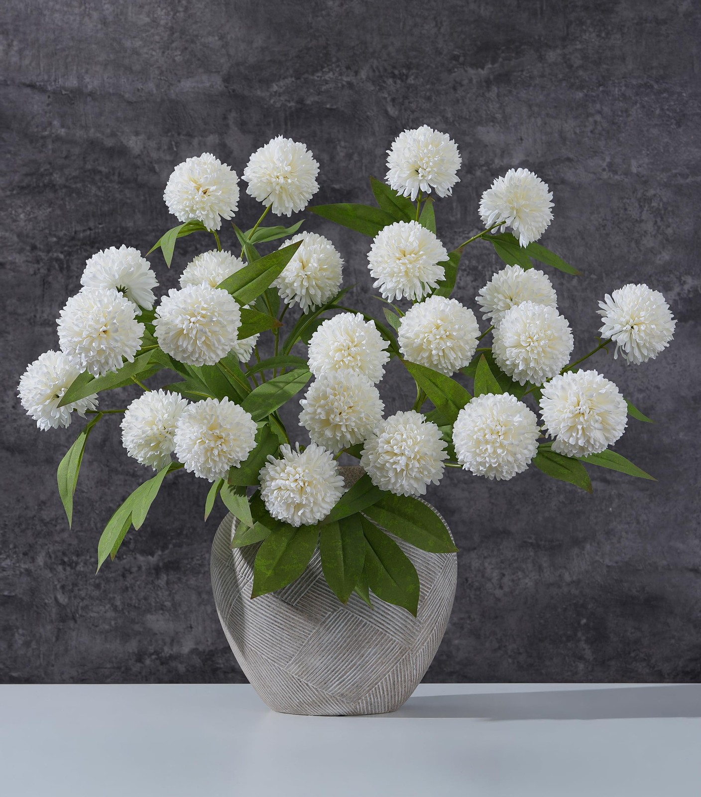 6 PCS 27 Inch Faux Silk Artificial Pompon Mum Flowers Branches Cream White
