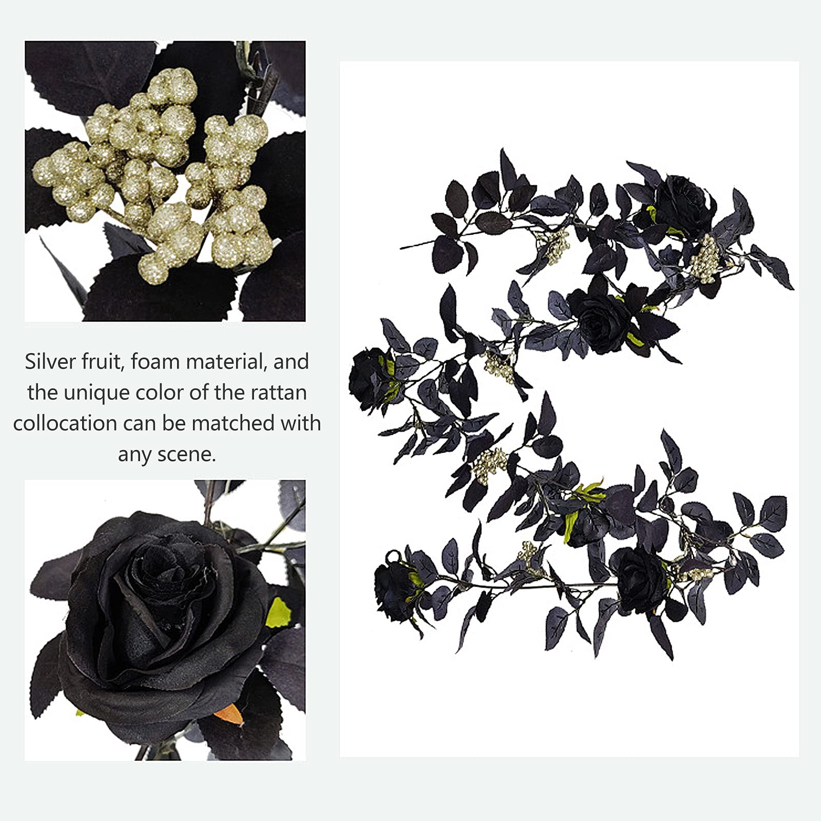 180cm Artificial Black Rose Vine Halloween Hanging Rose Flower Garland with B…