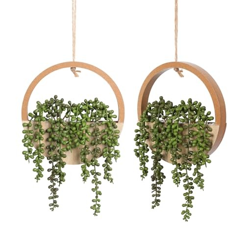 2pcs Artificial Succulents Hanging Plants 12.2” Fake Type1-wood Color-2pcs