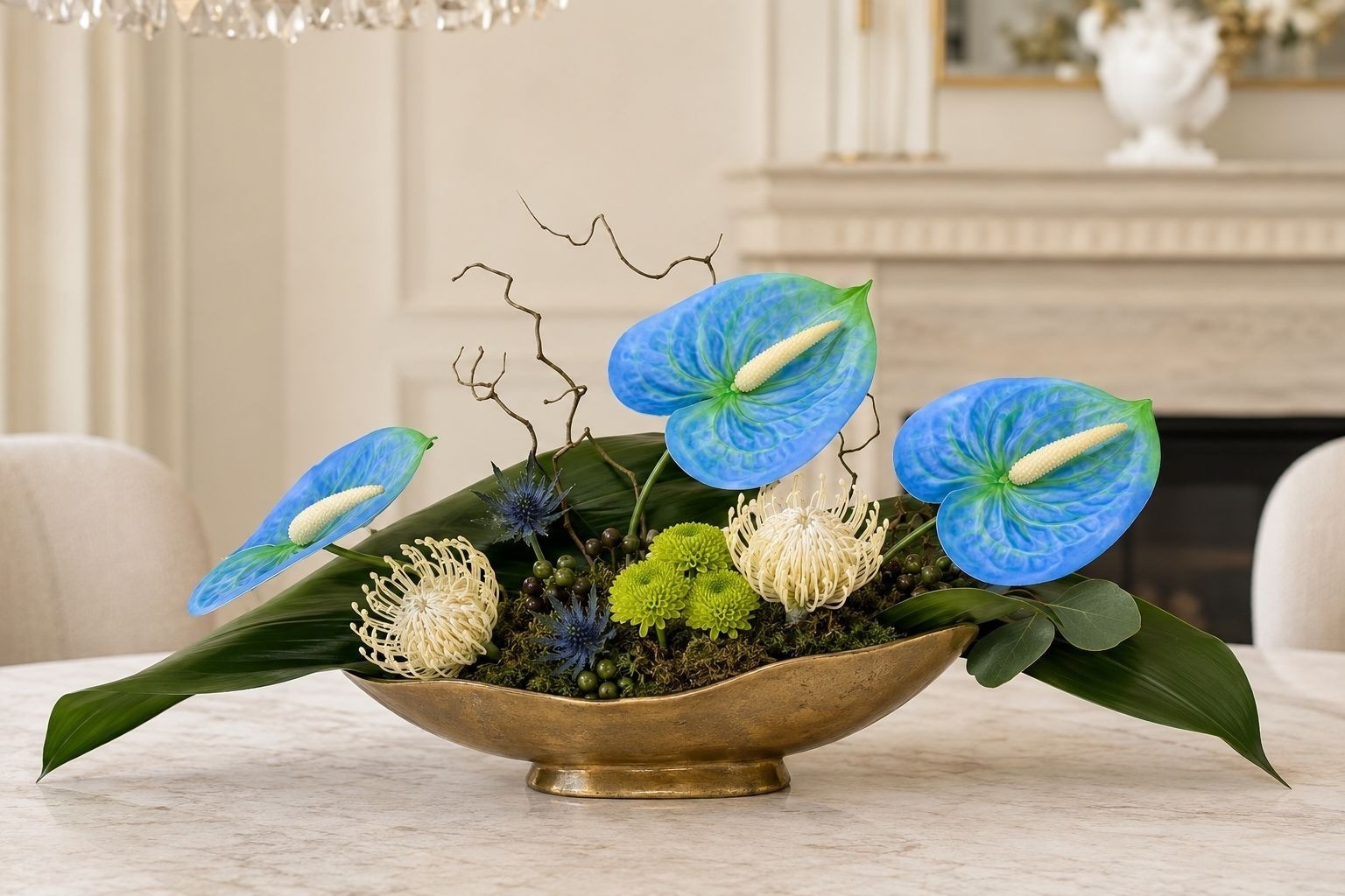 Blue Green Artificial Anthurium Stems Set of 3, 24 Inch Real Touch Tropical Flow