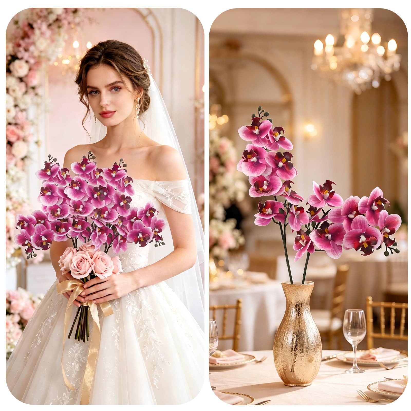 2Pcs Artificial Orchid Faux Phalaenopsis Fake Flowers Stem Real Touch for Hom…