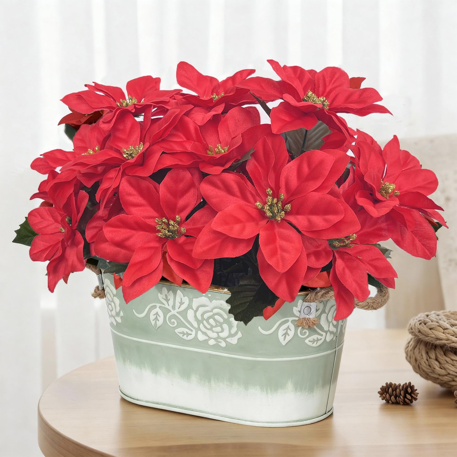 Artificial Red Poinsettia Floral Arrangement Green Metal Planter Jute Rope Use
