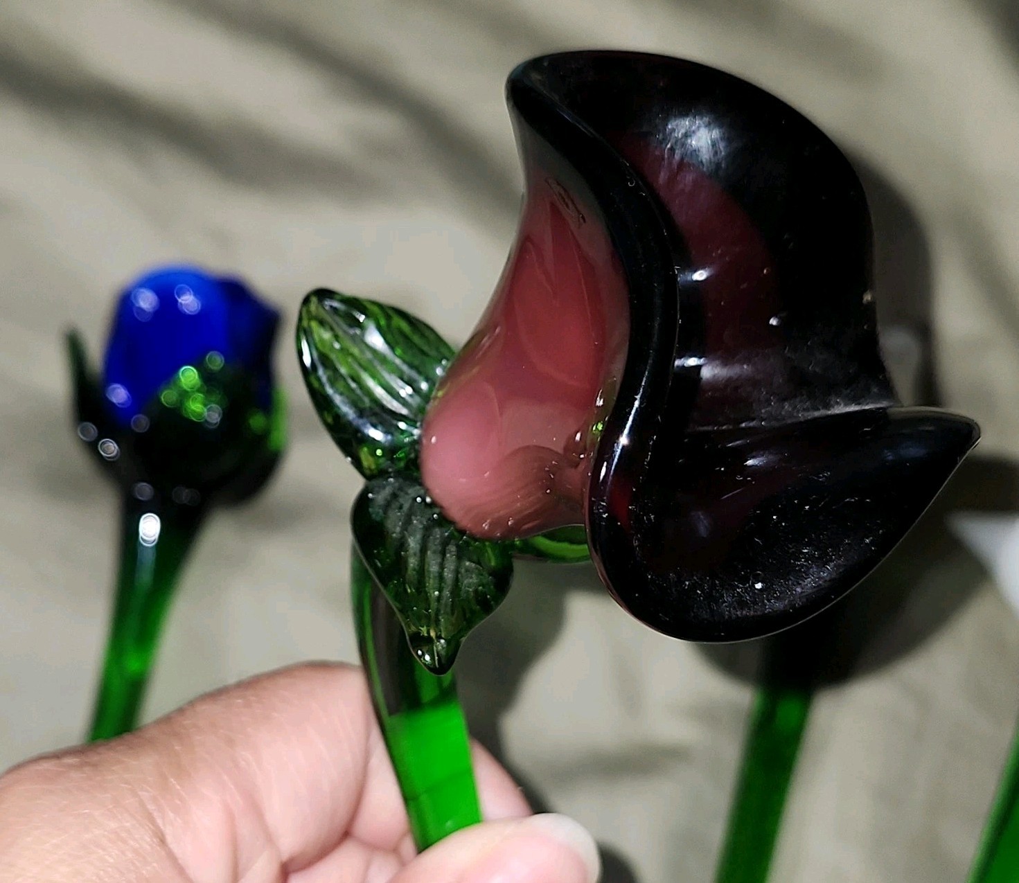 4pcs Hand Blown Glass Flower Stems Rose & Calla Lily Multicolor 12 in