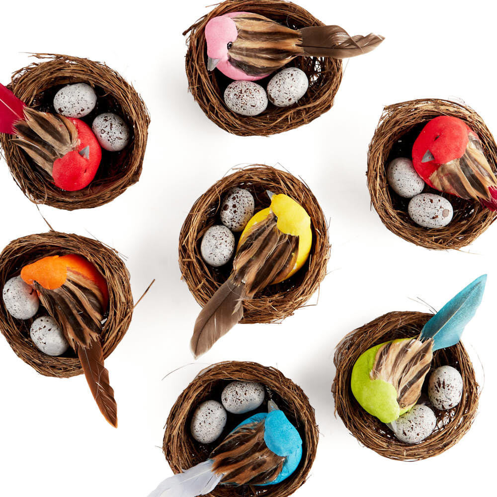 Package of 12 Artificial 2-3/4″ Nests with Assorted Colored Bird and Eggs