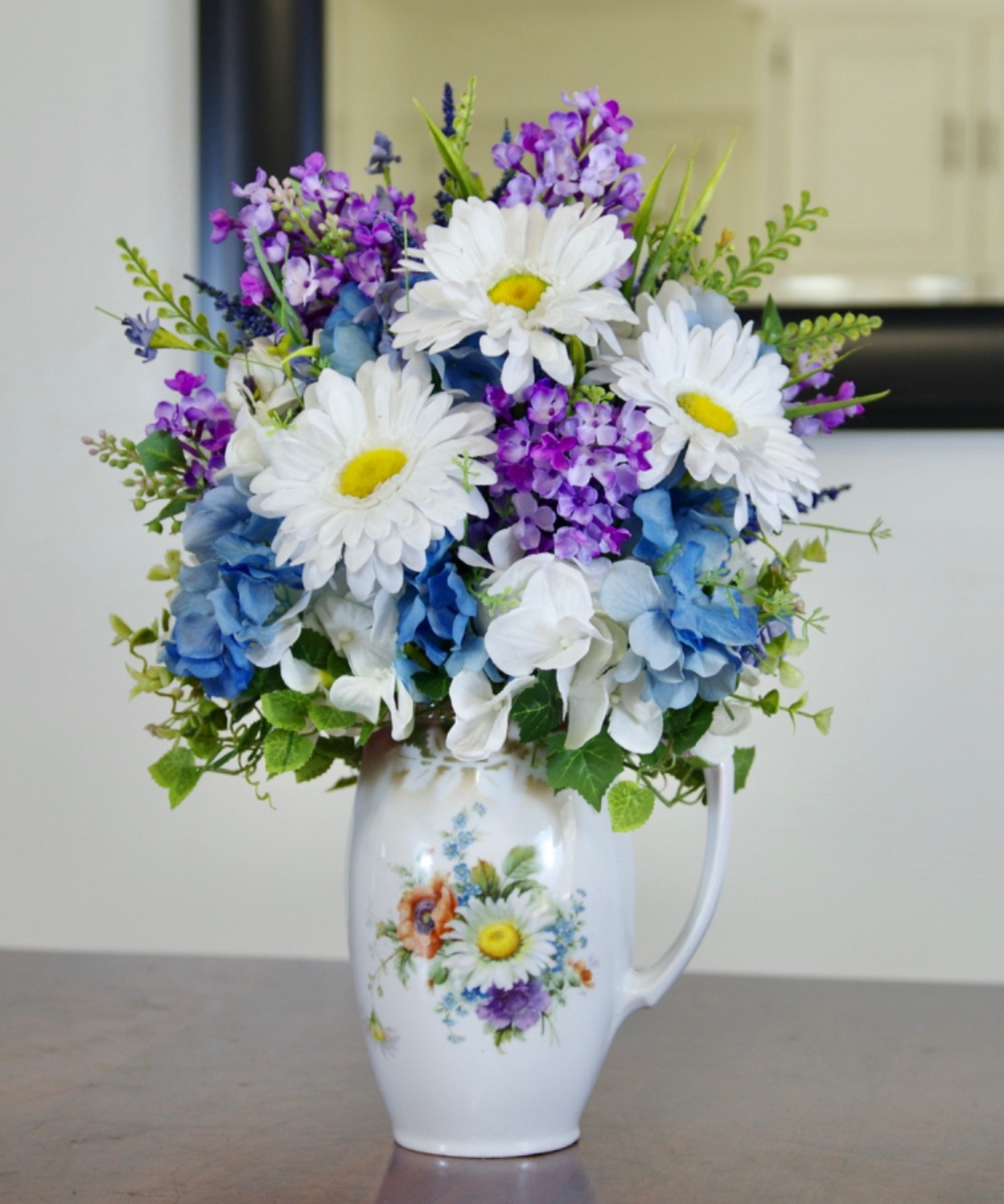Silk Daisy and Lilac Arrangement in 1800’s Germany Lusterware Coffee Pitcher