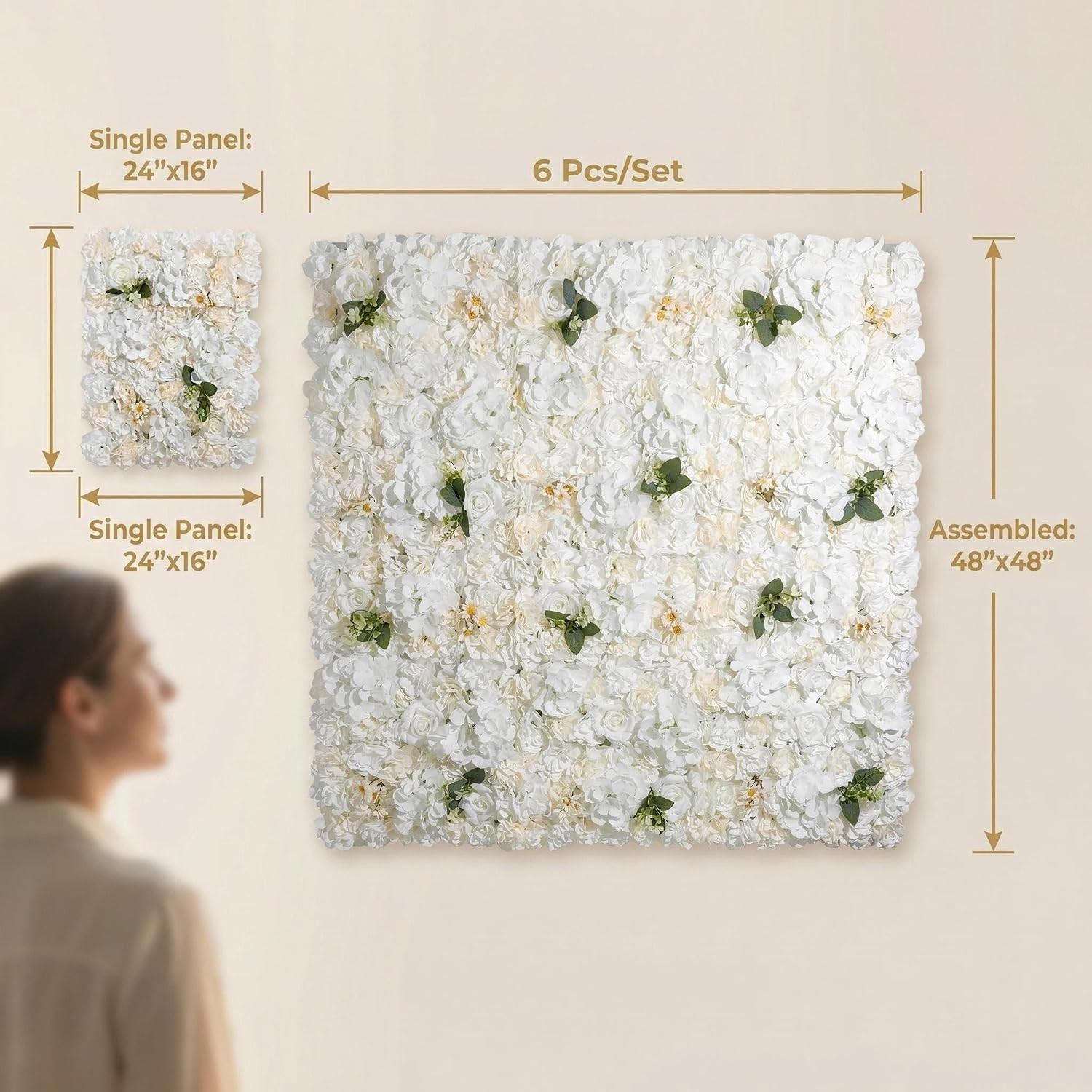 3D Flower Wall Backdrop – 6Pcs 16×24 Inch Artificial Rose Panels White Silk Flor