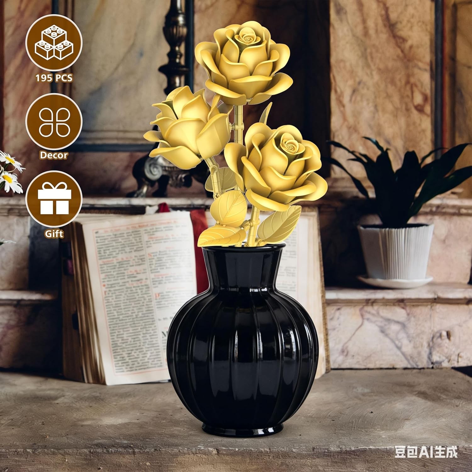 Gold Roses Flower Building Set – 3 Roses Bouquet Botanical Building Blocks for A