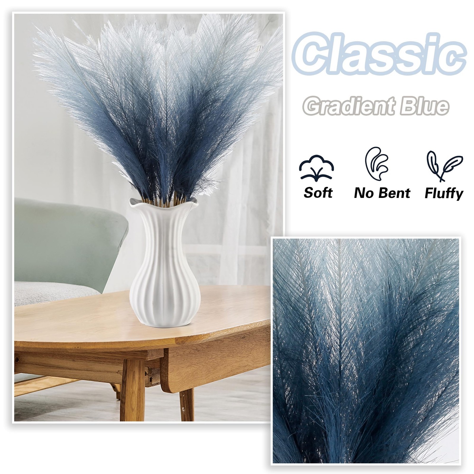 20PCS Blue Gradient Faux Pampas Grass 21.7″ for Vase Filler Decor