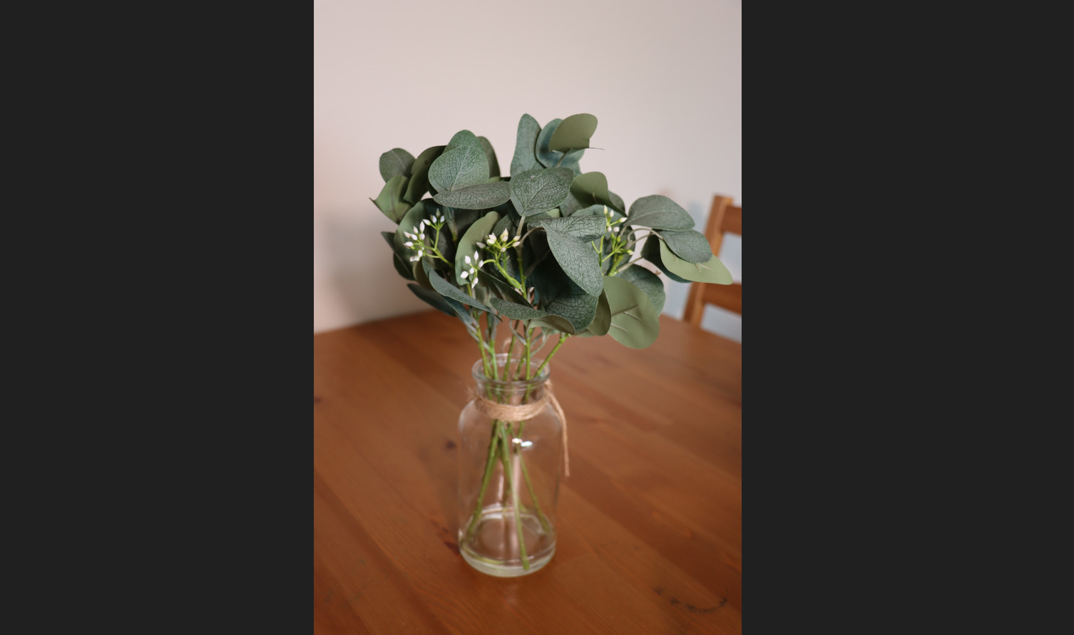 Artificial Eucalyptus in Glass Vase with White Buds Rustic Farmhouse Decor