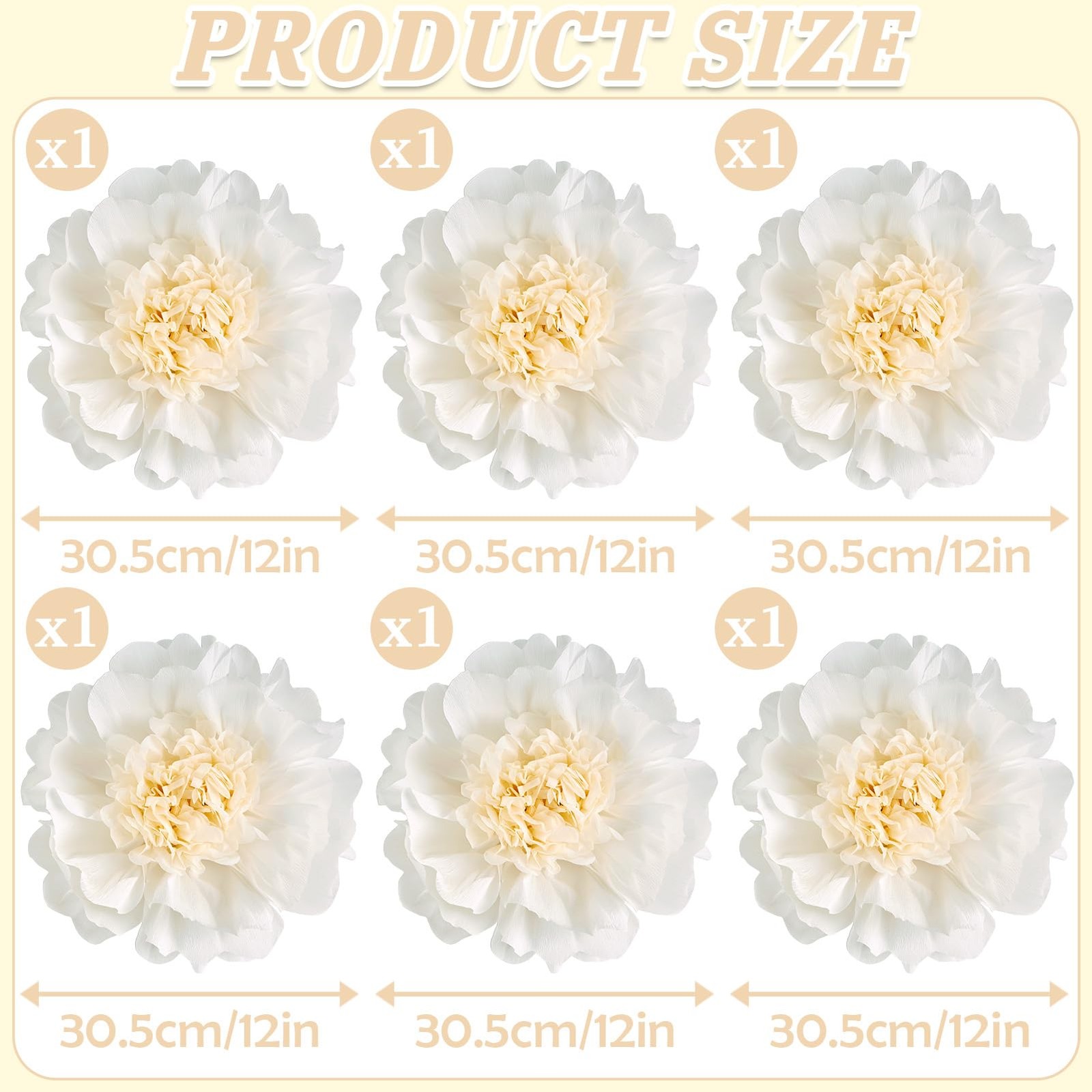 6 PCS White Paper Flowers Wall Giant Tissue 12 Inch Artificial Wedding Decor