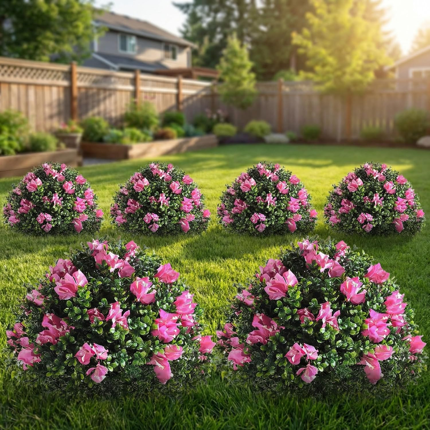6 Pack 18″ Artificial Boxwood Topiary Balls with Bougainvillea Flowers with Spik