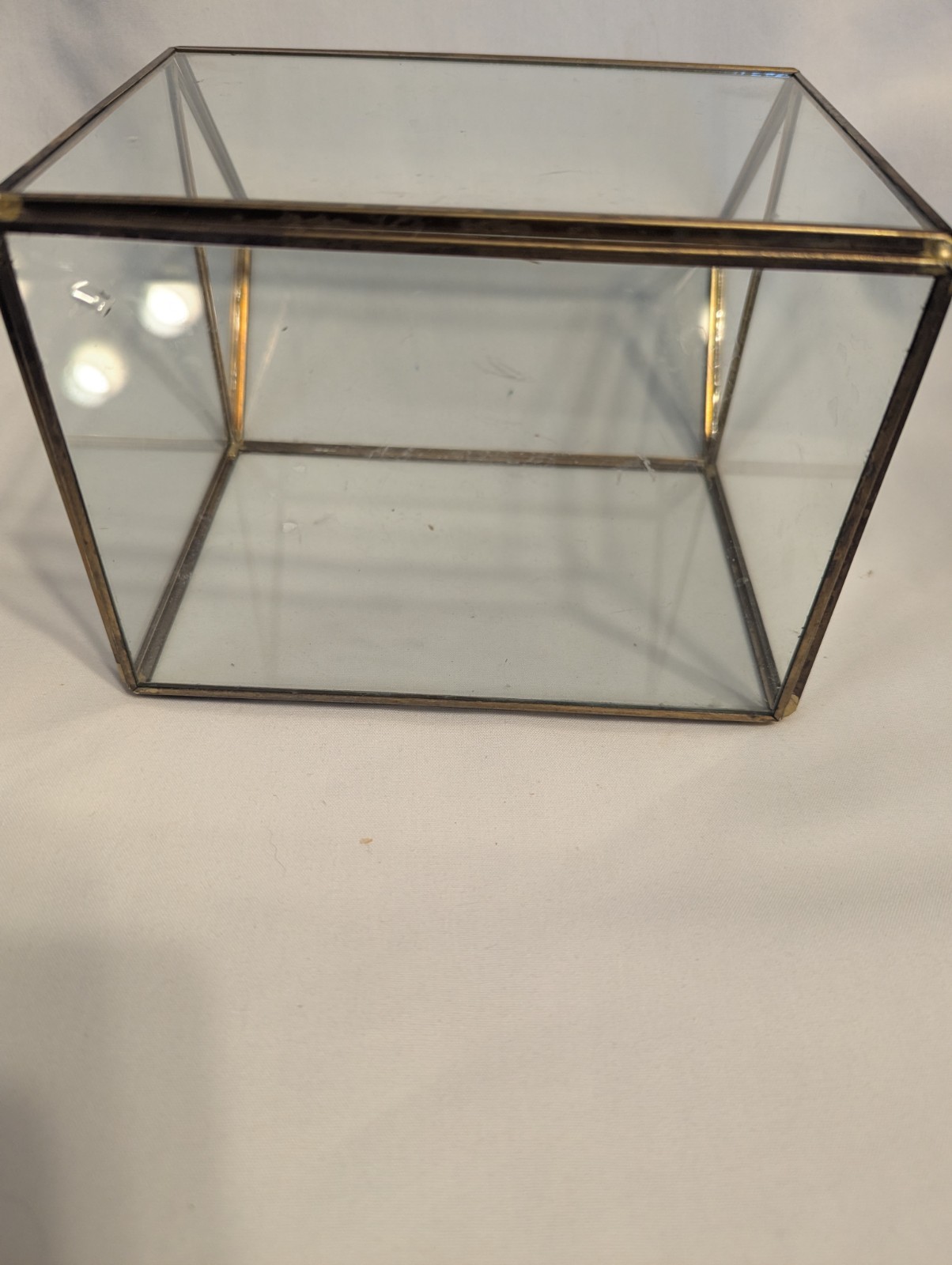 Small house shaped metal and glass terrarium
