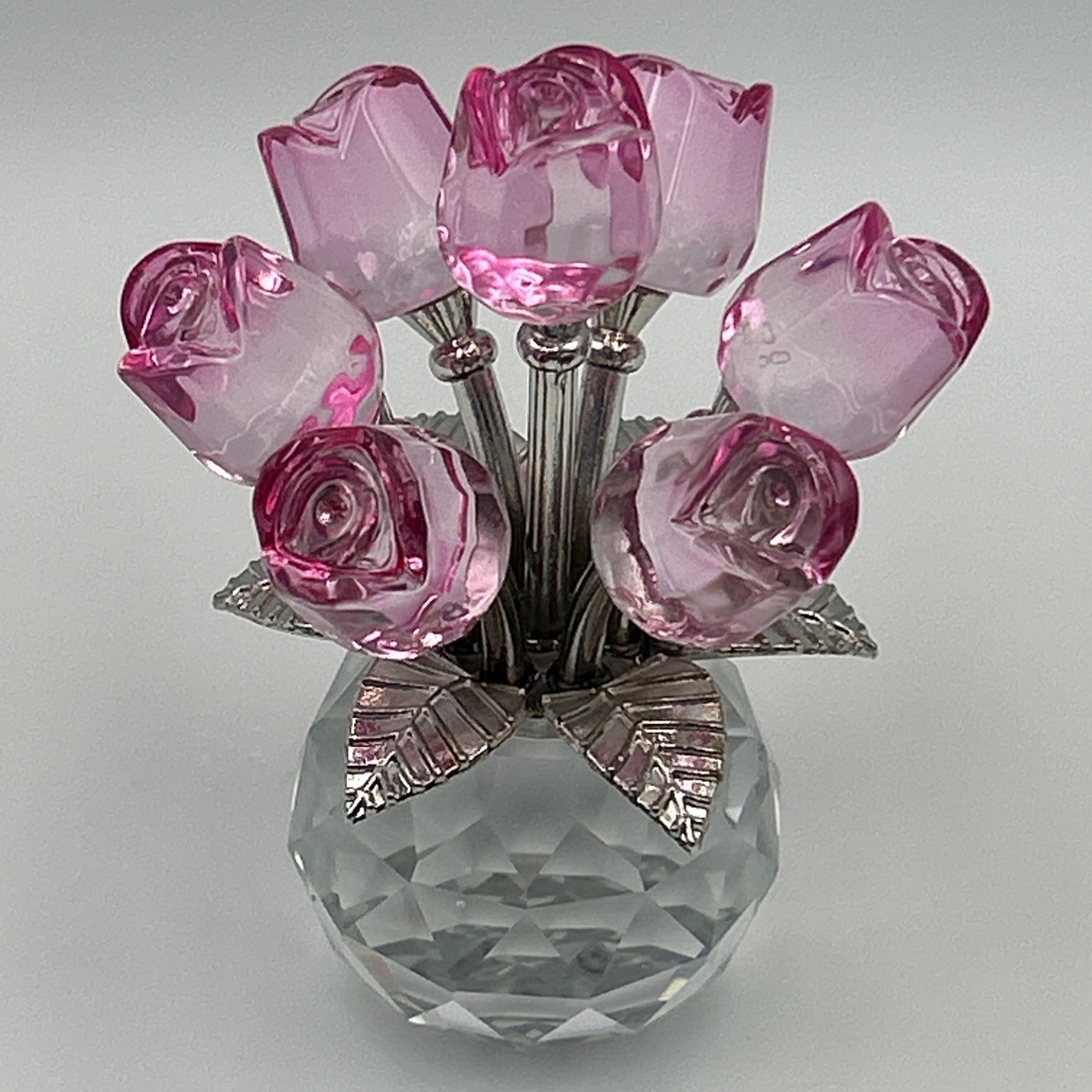Handmade Crystal Glass Pink Rose Bouquet Flowers Vase Figurine + Gift Bag & Card