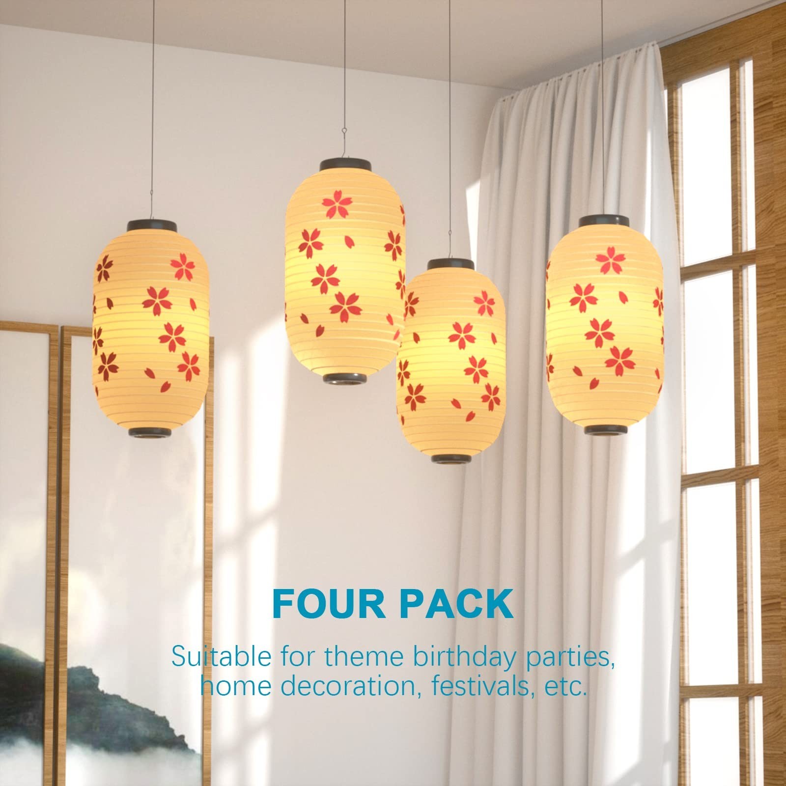 Set of 4 Waterproof Japanese Style Silk Cherry Blossom Lanterns 8×14 Inch – Indo
