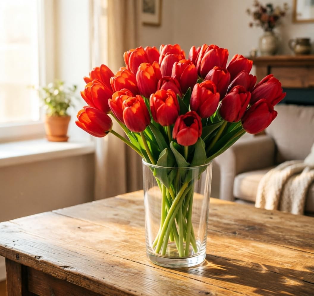 12 Pcs Red Tulips Artificial Flowers Real Touch Realistic Fake Flowers for In…