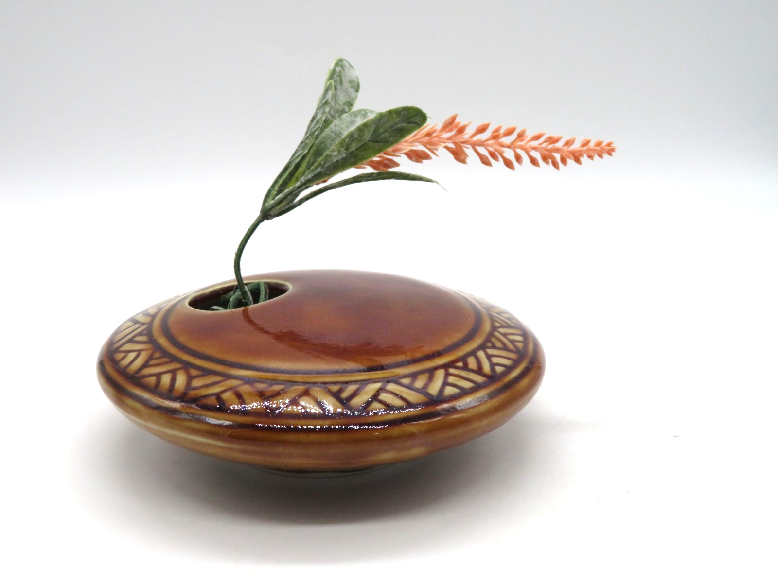 Vintage Ceramic Round Ikebana Flower Vase with Frog Brown Glaze Carved pattern