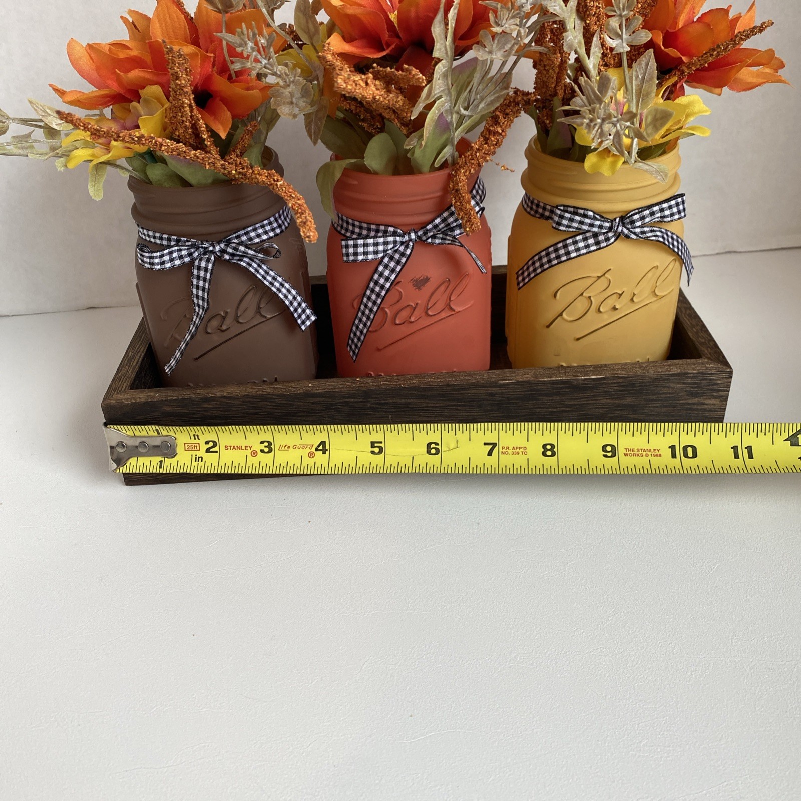 Painted Mason Jars Floral Decor In Tray Light Weight Fall Colors Checked Bows