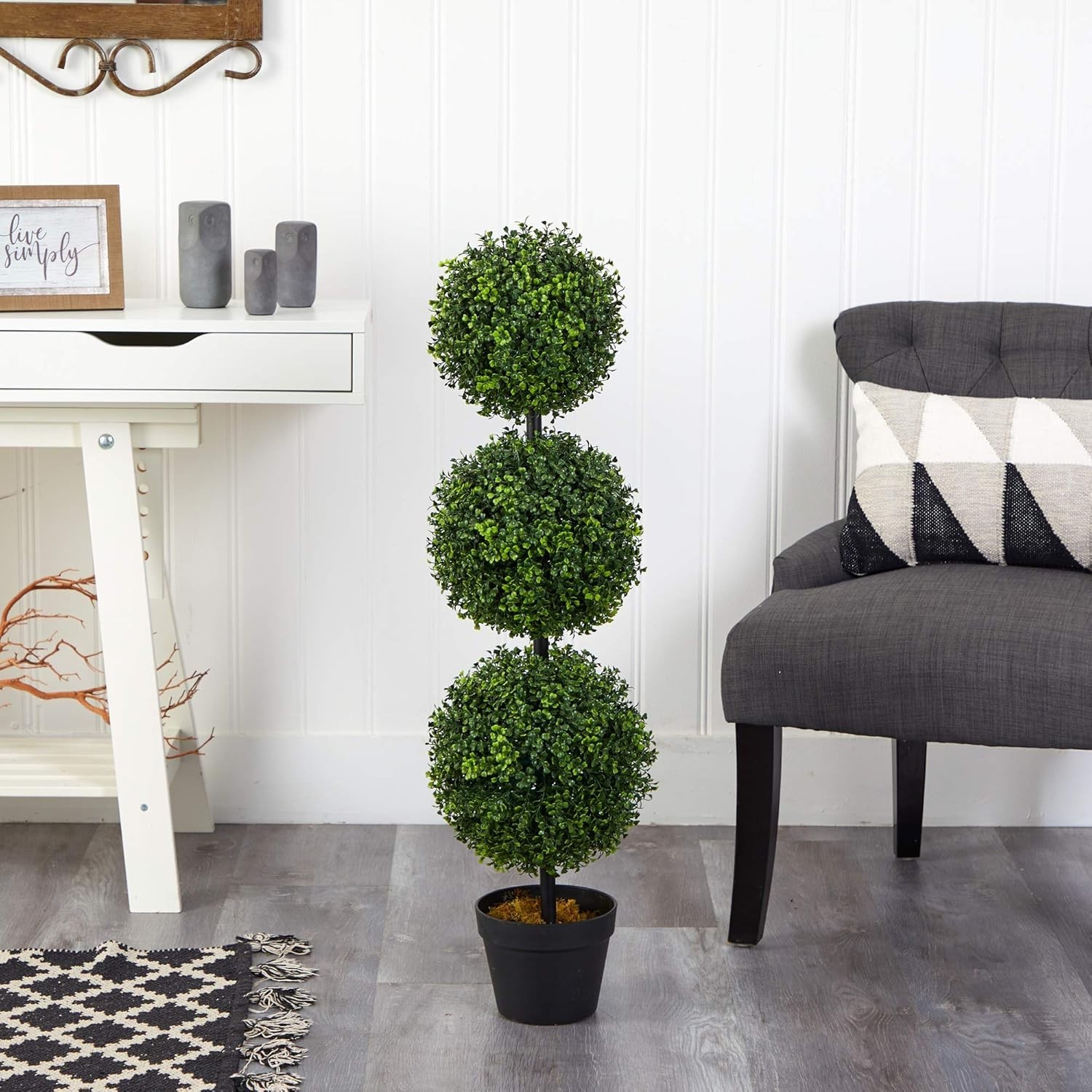 36in Artificial Triple Ball Boxwood Topiary Tree – Indoor Outdoor Realistic F…