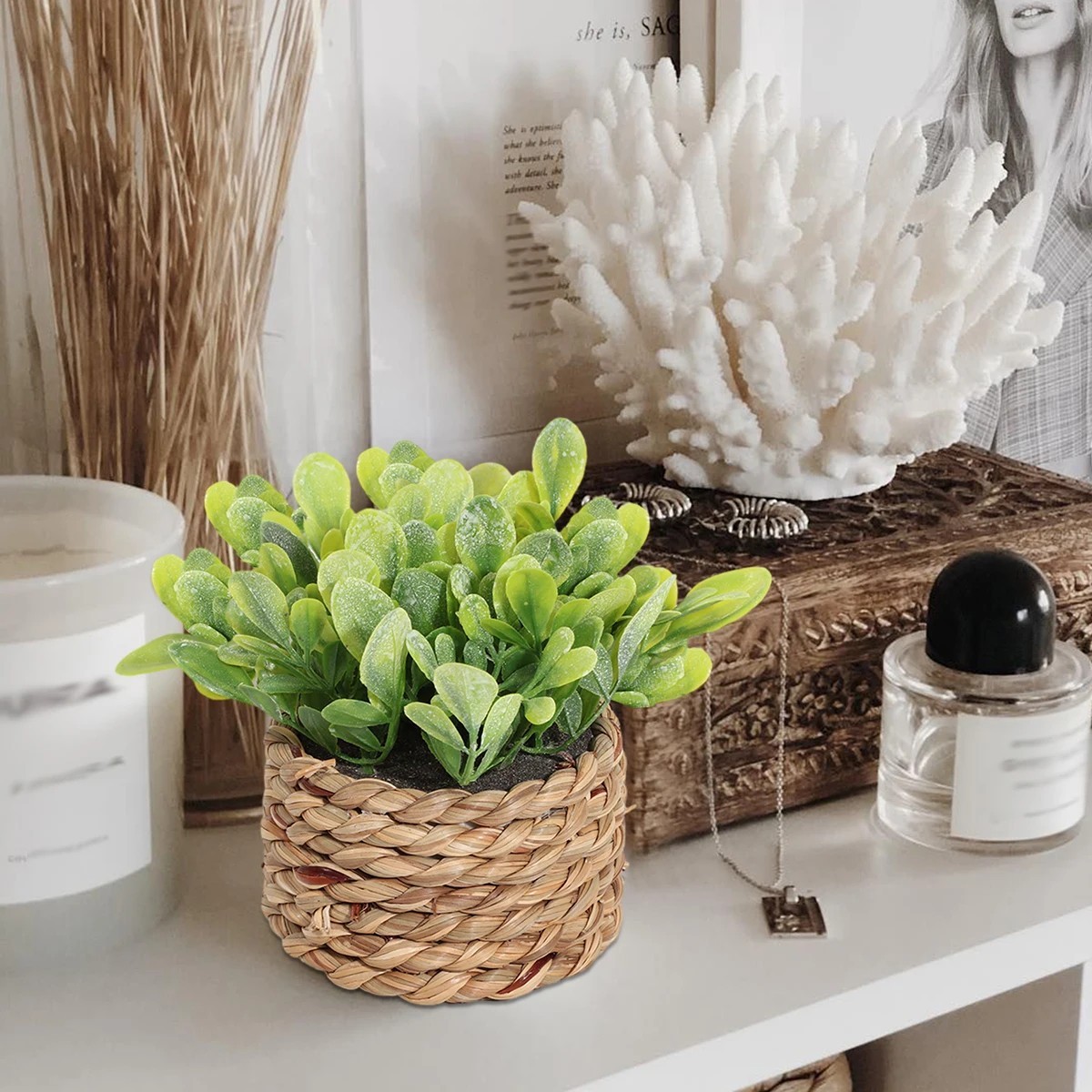 FLOWER 11CM Artificial Eucalyptus Grass Potted Plant– Mini Faux Green Desk Decor