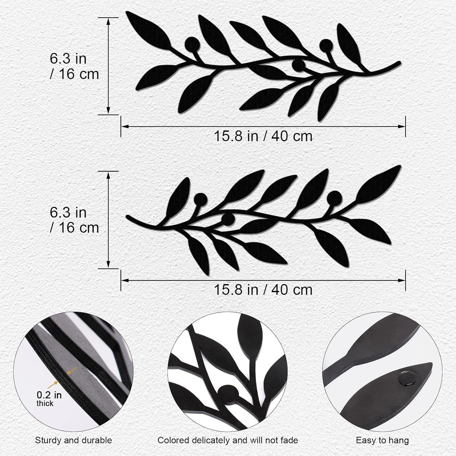 2 Pieces Black Leaf Wall Decor Wooden Vine Olive Branch Leaves Botanical Art